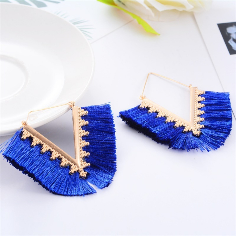 Royal Blue V-Cut Tassel Earrings